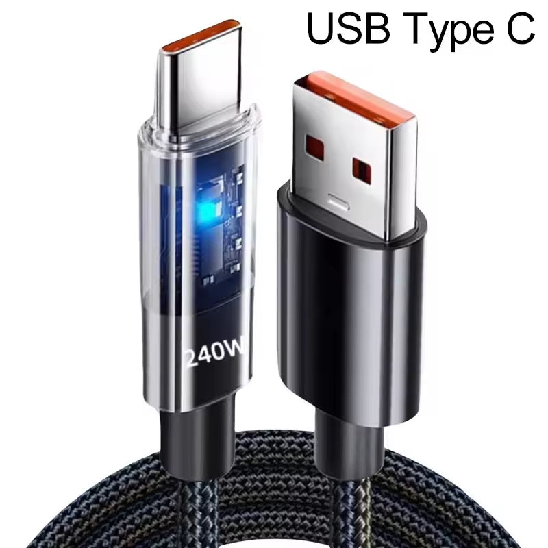 240W Nylon USB Type-C Fast Charging Cable with LED Digital Display for Samsung, Xiaomi, Huawei, and Honor Devices