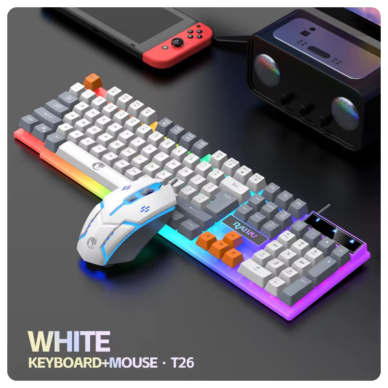 RAIKU T26 Wired Mechanical Gaming Keyboard and Mouse Set with Three-Color Luminous Design