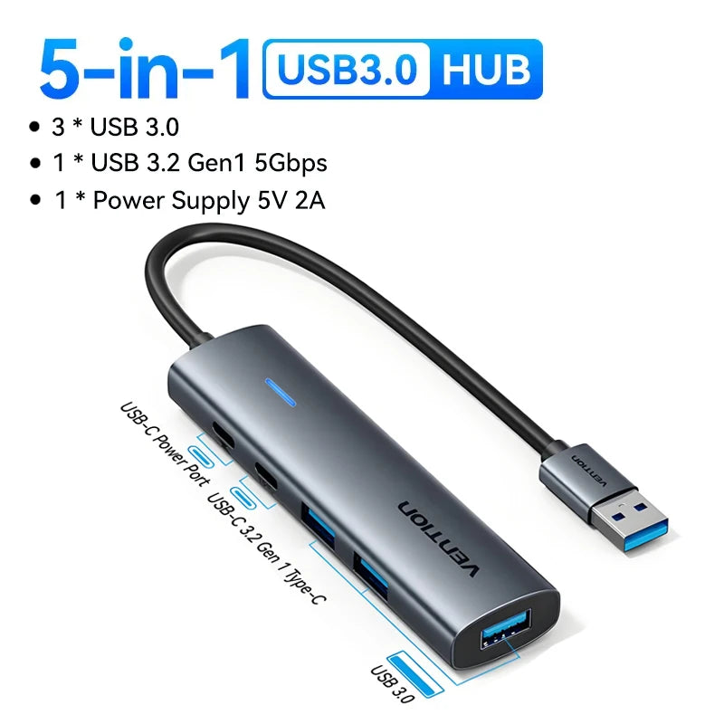 Metal Shell USB 3.0 Hub - USB-C 3.2 Gen 1 Multi-Adapter Splitter for MacBook Air, Dell, Lenovo, and Desktop PCs, 5Gbps Data Transfer