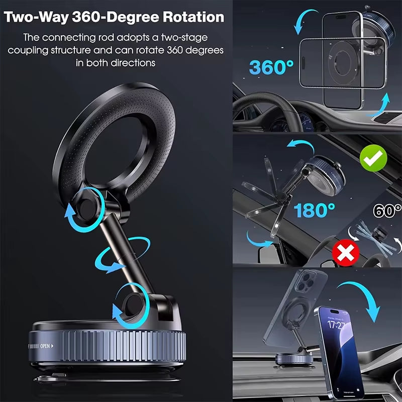 Premium Magnetic Car Phone Holder with Foldable MagSafe Design - 360° Adjustable Vacuum Mount for Versatile Use in Car, Desk, and Bathroom