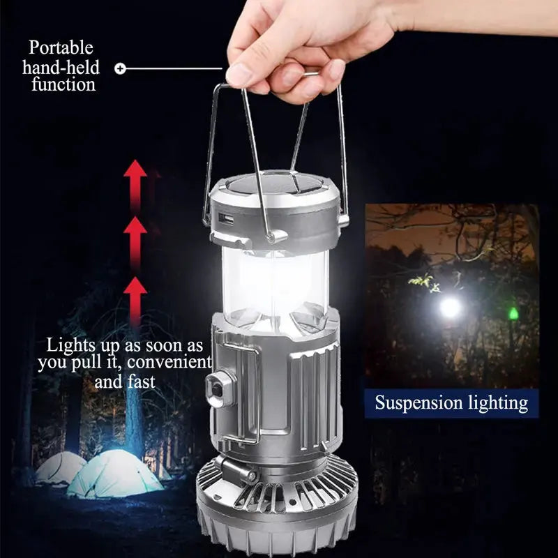 Solar-Powered Portable Camping Lantern with Rechargeable 1500mAh LED Fan for Outdoor Emergency Use