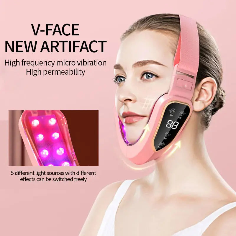 LED Photon Therapy Facial Slimming and Lifting Vibration Massager with Heating Function for Double Chin Reduction