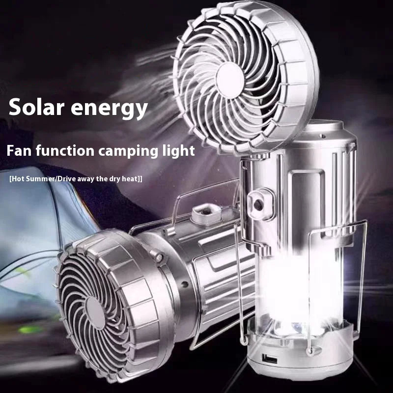 Solar-Powered Portable Camping Lantern with Rechargeable 1500mAh LED Fan for Outdoor Emergency Use