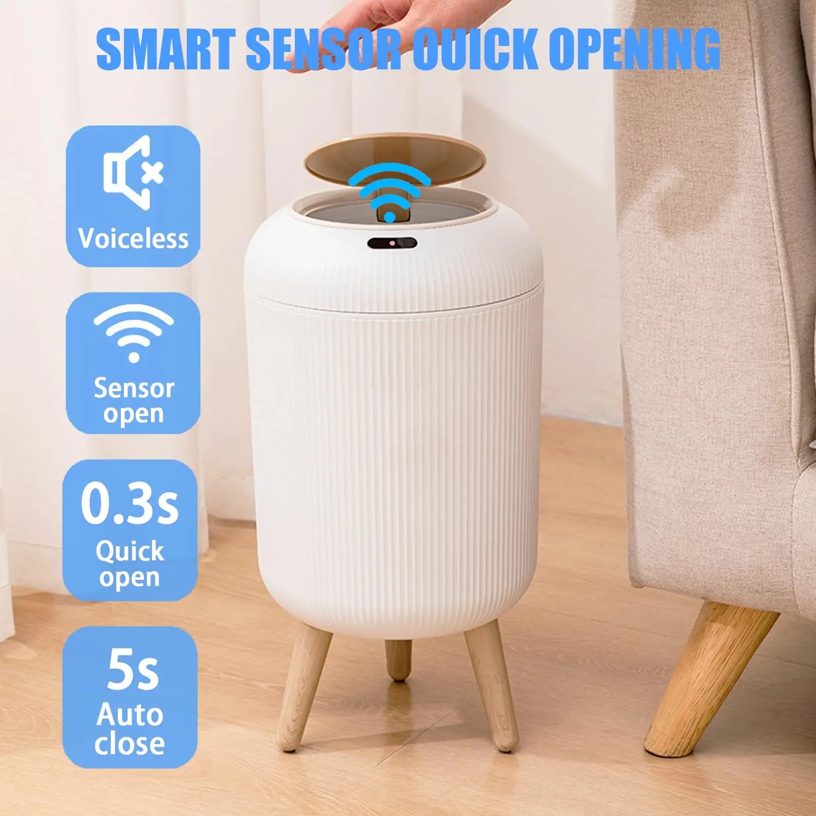Smart Motion Sensor Trash Can with Lid - Compact Plastic Design for Bedroom, Bathroom, Kitchen, and Office Use