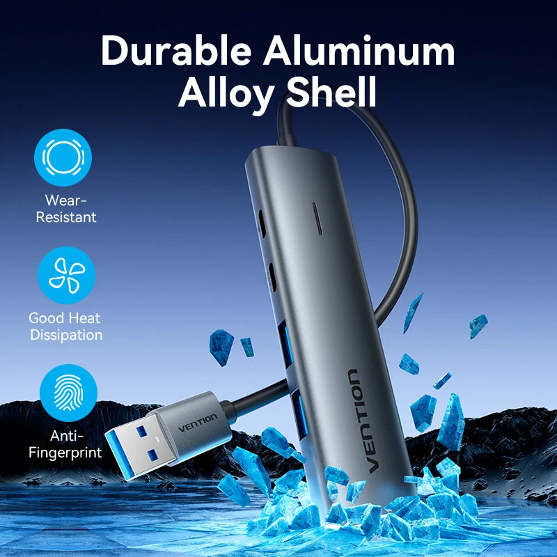 Metal Shell USB 3.0 Hub - USB-C 3.2 Gen 1 Multi-Adapter Splitter for MacBook Air, Dell, Lenovo, and Desktop PCs, 5Gbps Data Transfer