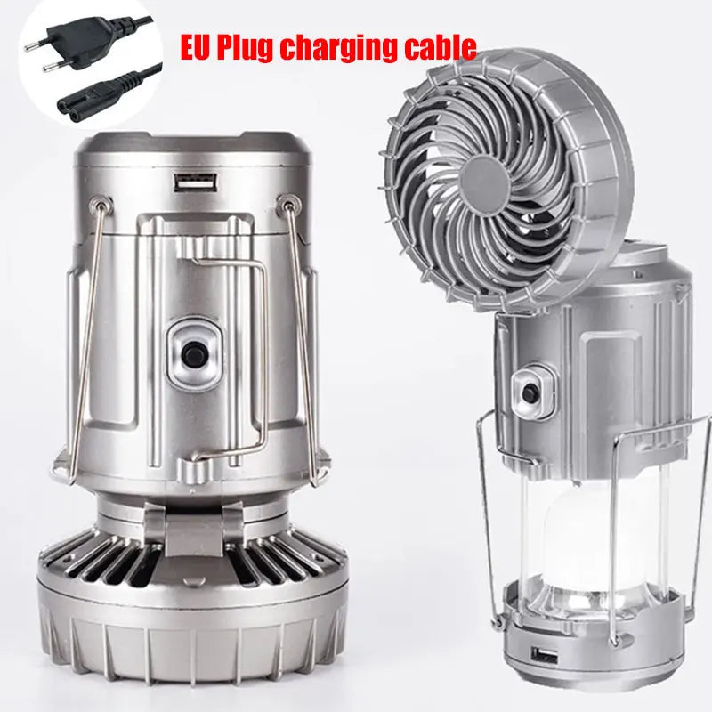 Solar-Powered Portable Camping Lantern with Rechargeable 1500mAh LED Fan for Outdoor Emergency Use