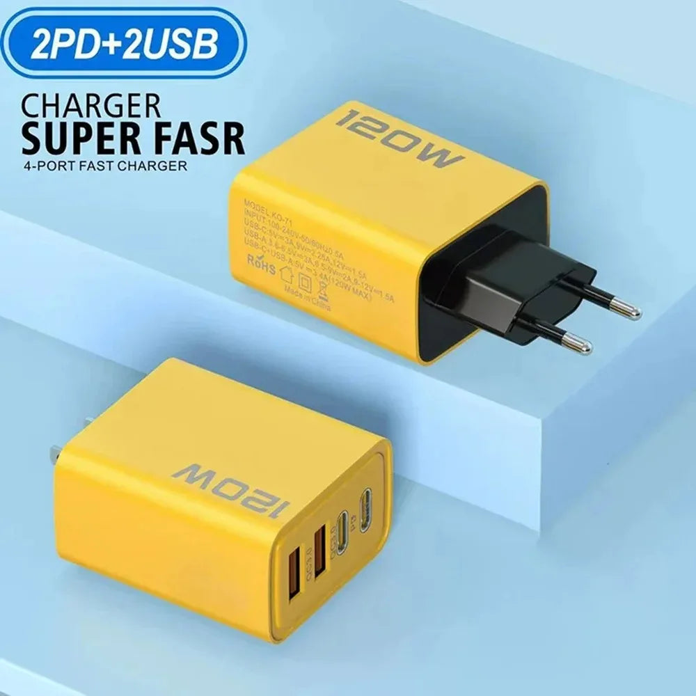 4-Port USB-C PD Quick Charge 3.0 Fast Charging Adapter for iPhone 16/15, Samsung, Xiaomi, and Huawei