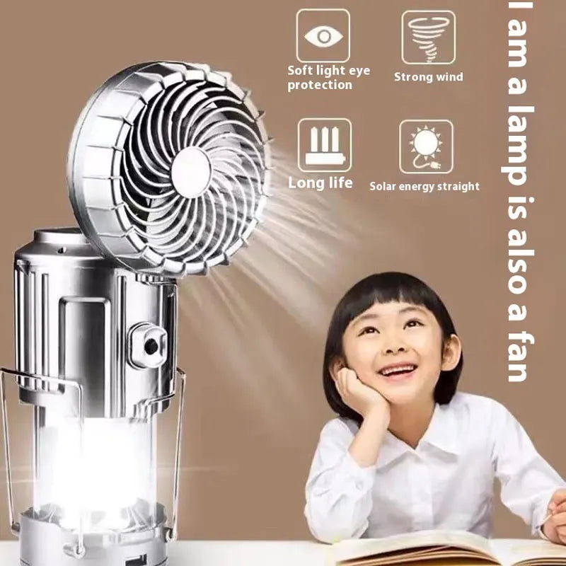 Solar-Powered Portable Camping Lantern with Rechargeable 1500mAh LED Fan for Outdoor Emergency Use