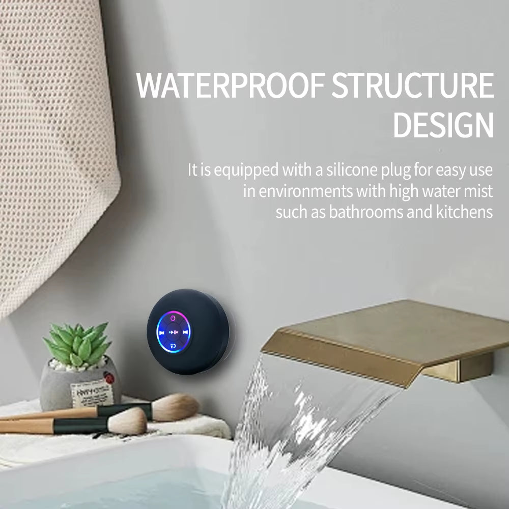 Portable Wireless Bluetooth Speaker with LED Light, IPX4 Waterproof Rating, Outdoor and Bathroom Use, Large Suction Cup, Stereo Sound System