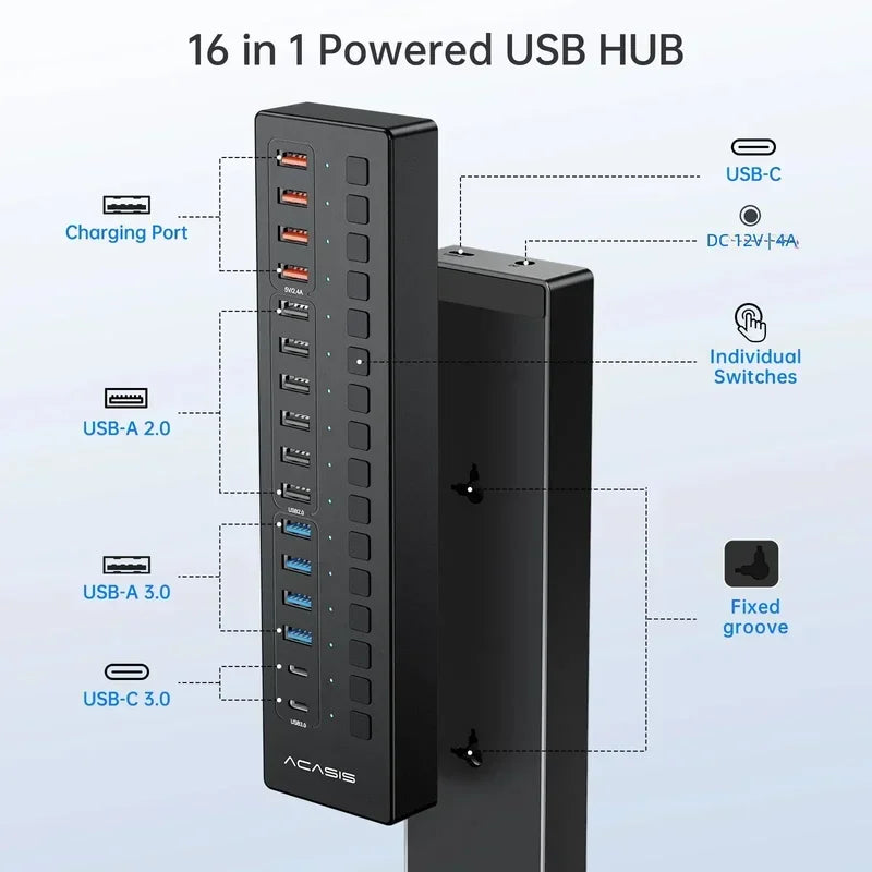 16-Port USB-C Splitter and Extender Hub for MacBook Pro - Ideal for Keyboard, Mouse, and Printer Connectivity