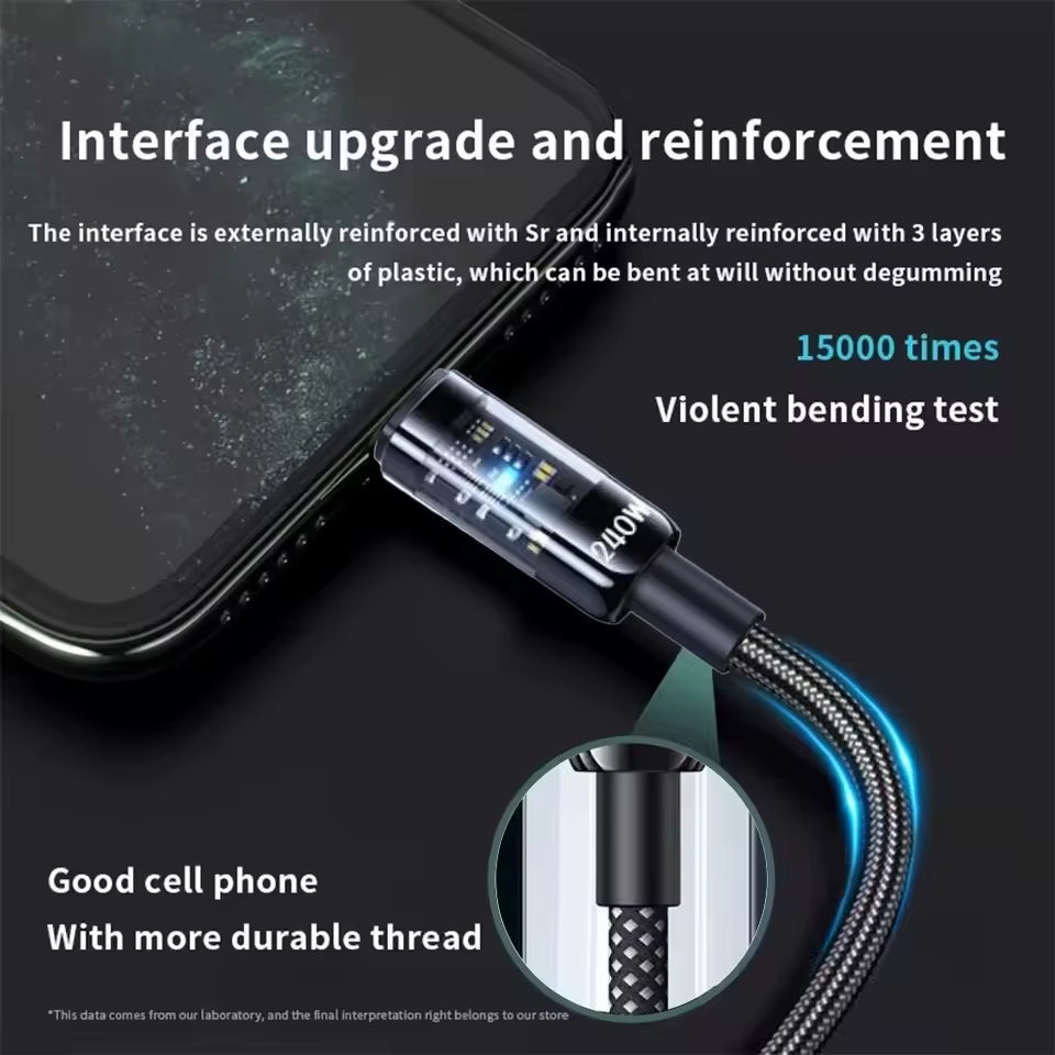 240W Nylon USB Type-C Fast Charging Cable with LED Digital Display for Samsung, Xiaomi, Huawei, and Honor Devices