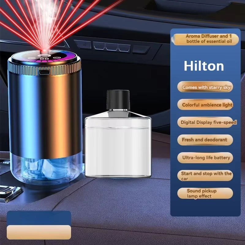 Rechargeable Smart Car Aroma Diffuser and Air Freshener with 5 Modes, Starry Sky Ambient Light, USB Connectivity, and Humidifying Function