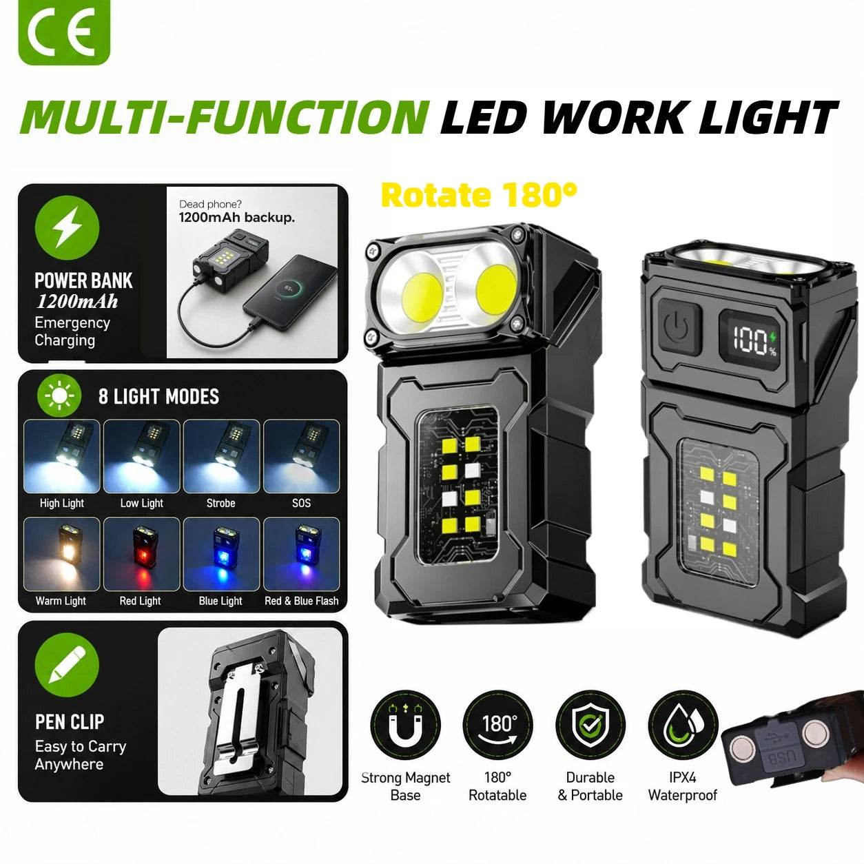 Tactical Portable EDC Mini LED Work Light - Rechargeable Flashlight for Outdoor Camping and Hiking with Molle Compatibility