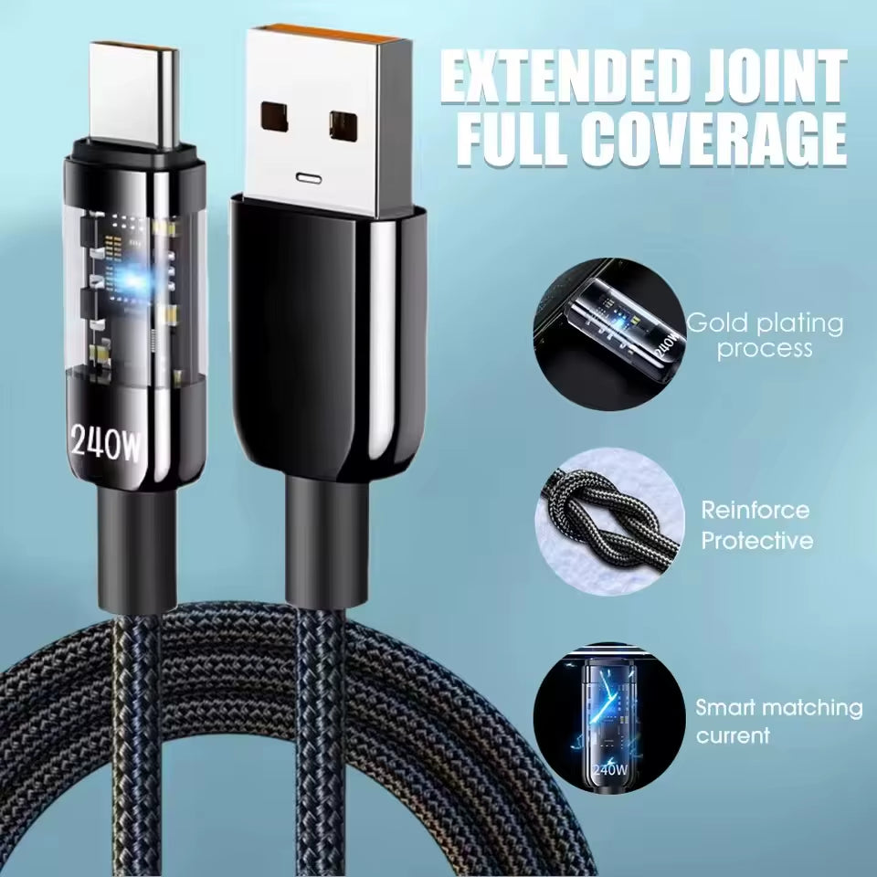 240W Nylon USB Type-C Fast Charging Cable with LED Digital Display for Samsung, Xiaomi, Huawei, and Honor Devices