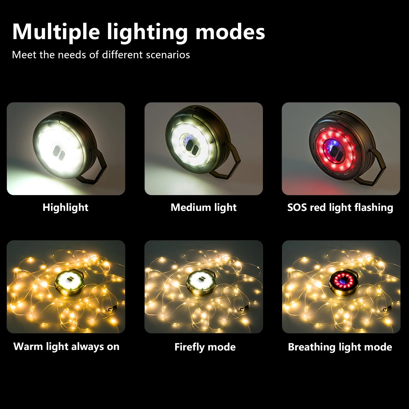 Rechargeable LED Camping String Light with USB Charging, 2000mAh Battery, IPX4 Waterproof Rating