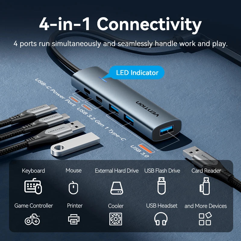 Metal Shell USB 3.0 Hub - USB-C 3.2 Gen 1 Multi-Adapter Splitter for MacBook Air, Dell, Lenovo, and Desktop PCs, 5Gbps Data Transfer