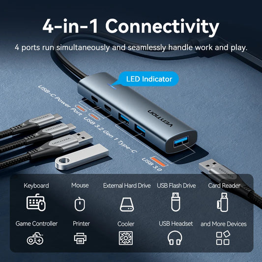 Metal Shell USB 3.0 Hub - USB-C 3.2 Gen 1 Multi-Adapter Splitter for MacBook Air, Dell, Lenovo, and Desktop PCs, 5Gbps Data Transfer