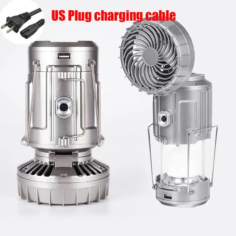 Solar-Powered Portable Camping Lantern with Rechargeable 1500mAh LED Fan for Outdoor Emergency Use