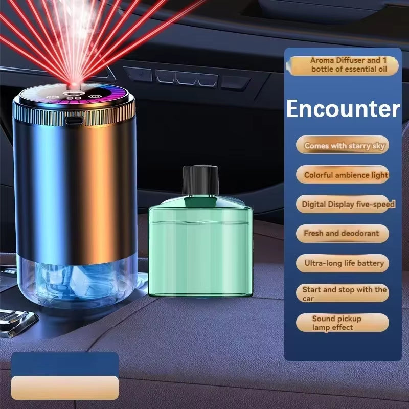 Rechargeable Smart Car Aroma Diffuser and Air Freshener with 5 Modes, Starry Sky Ambient Light, USB Connectivity, and Humidifying Function