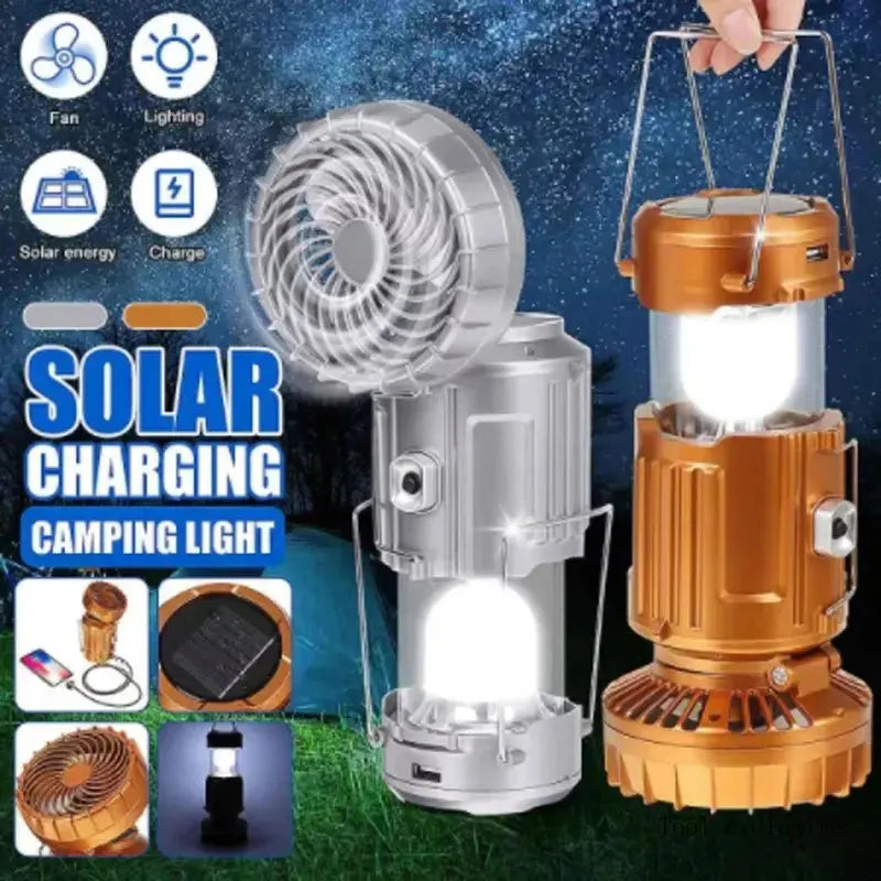 Solar-Powered Portable Camping Lantern with Rechargeable 1500mAh LED Fan for Outdoor Emergency Use