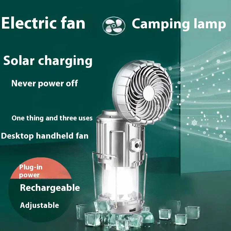 Solar-Powered Portable Camping Lantern with Rechargeable 1500mAh LED Fan for Outdoor Emergency Use
