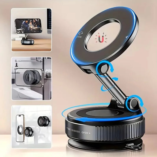 Premium Magnetic Car Phone Holder with Foldable MagSafe Design - 360° Adjustable Vacuum Mount for Versatile Use in Car, Desk, and Bathroom