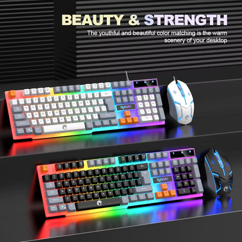 RAIKU T26 Wired Mechanical Gaming Keyboard and Mouse Set with Three-Color Luminous Design
