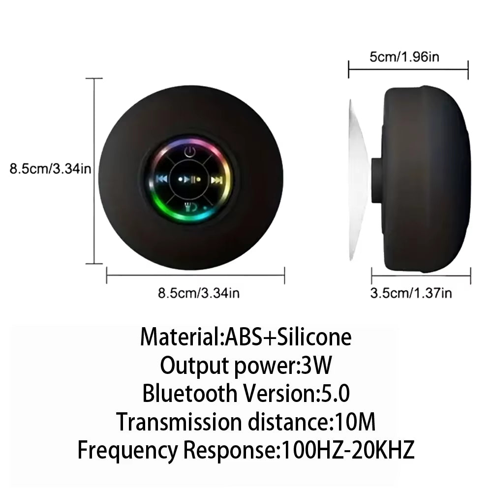 Portable Wireless Bluetooth Speaker with LED Light, IPX4 Waterproof Rating, Outdoor and Bathroom Use, Large Suction Cup, Stereo Sound System