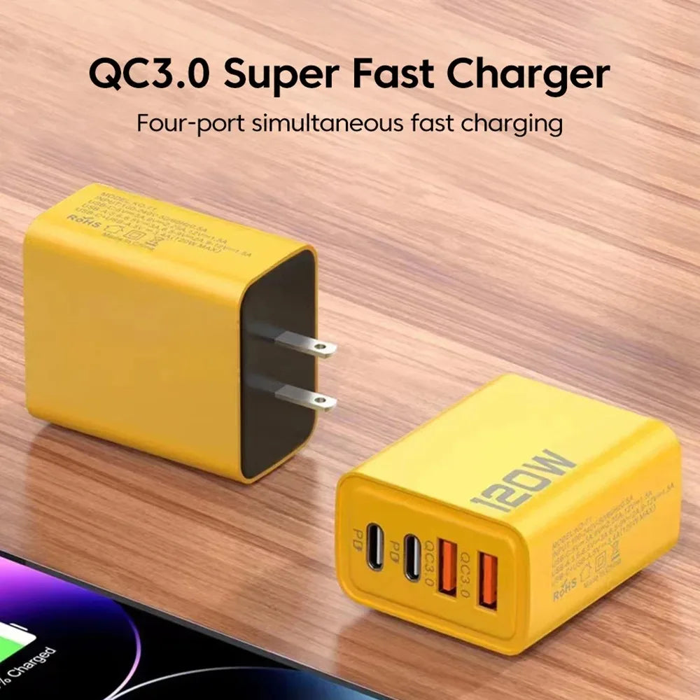 4-Port USB-C PD Quick Charge 3.0 Fast Charging Adapter for iPhone 16/15, Samsung, Xiaomi, and Huawei