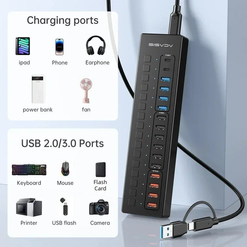 16-Port USB-C Splitter and Extender Hub for MacBook Pro - Ideal for Keyboard, Mouse, and Printer Connectivity