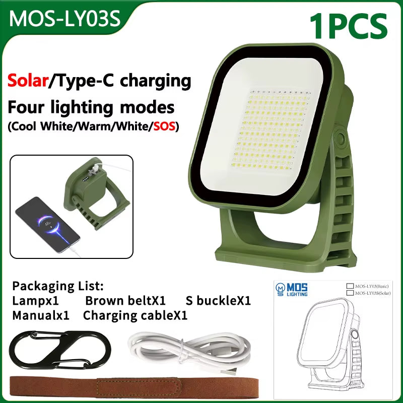 MOSLIGHTING 80W LED Solar Charging Tent Lantern - Portable Magnetic Zoom Torch for Camping and Maintenance Lighting