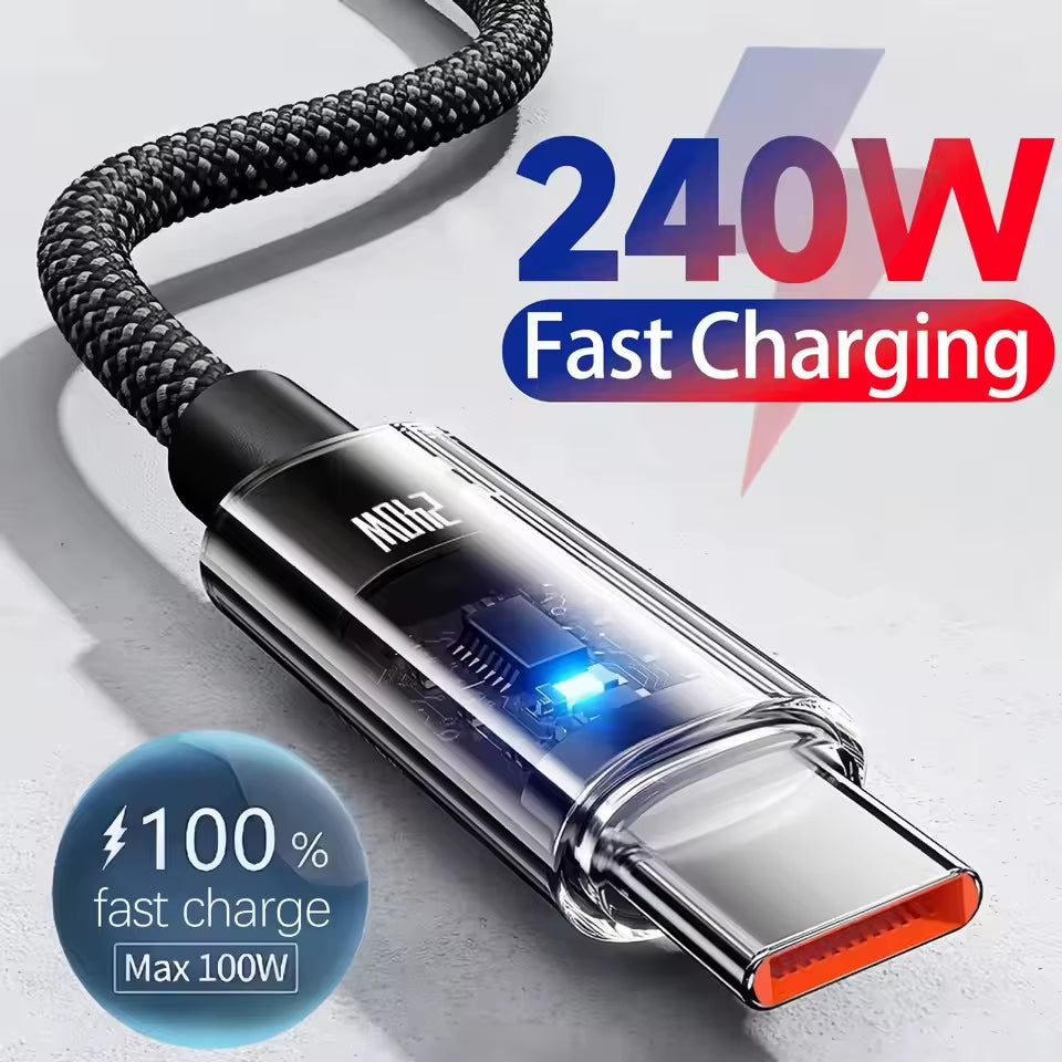 240W Nylon USB Type-C Fast Charging Cable with LED Digital Display for Samsung, Xiaomi, Huawei, and Honor Devices