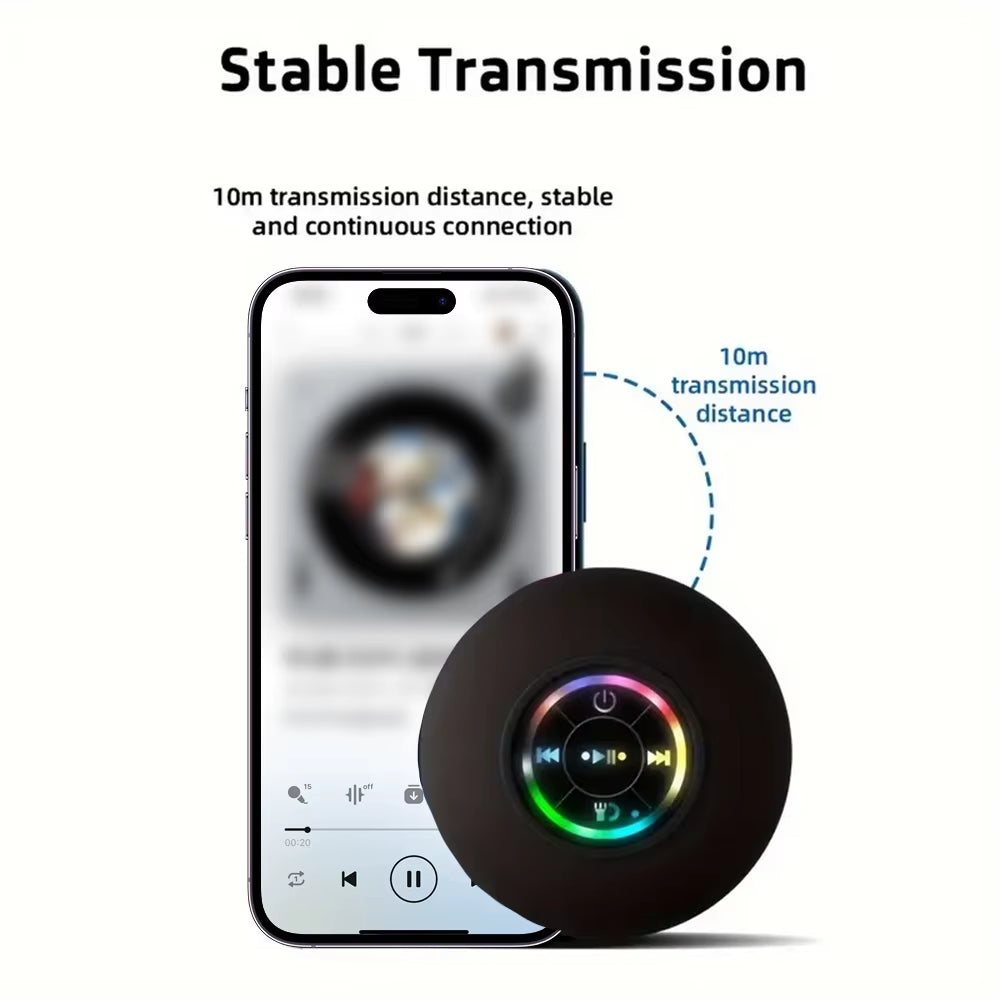 Portable Wireless Bluetooth Speaker with LED Light, IPX4 Waterproof Rating, Outdoor and Bathroom Use, Large Suction Cup, Stereo Sound System