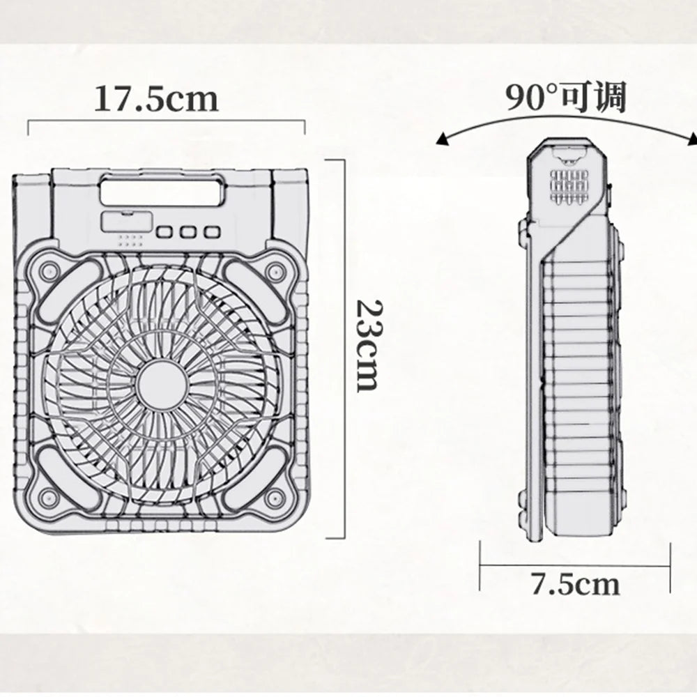 Portable Solar-Powered Fan with 7800mAh LED Lantern, Rechargeable Camping Fan, 4 Speed Settings, 90° Folding Design