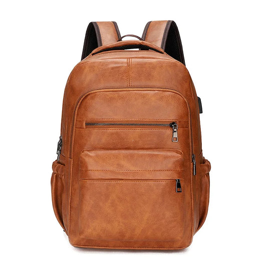 Stylish and Functional PU Leather USB Charging Backpack for Men - Perfect for School, Travel, and Everyday Use