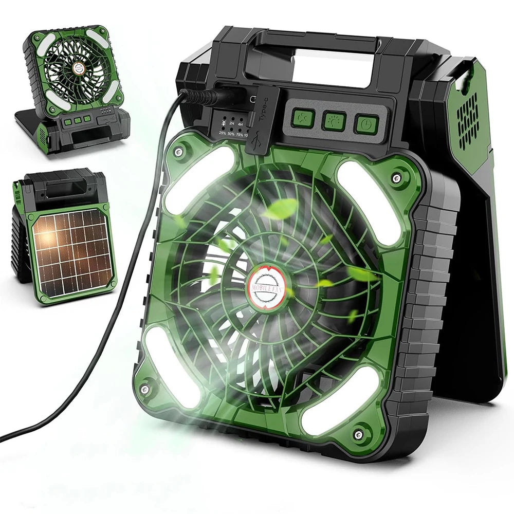 Portable Solar-Powered Fan with 7800mAh LED Lantern, Rechargeable Camping Fan, 4 Speed Settings, 90° Folding Design