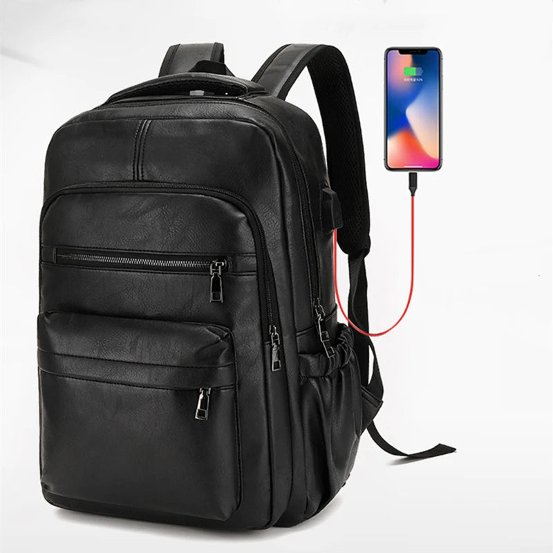 Stylish and Functional PU Leather USB Charging Backpack for Men - Perfect for School, Travel, and Everyday Use