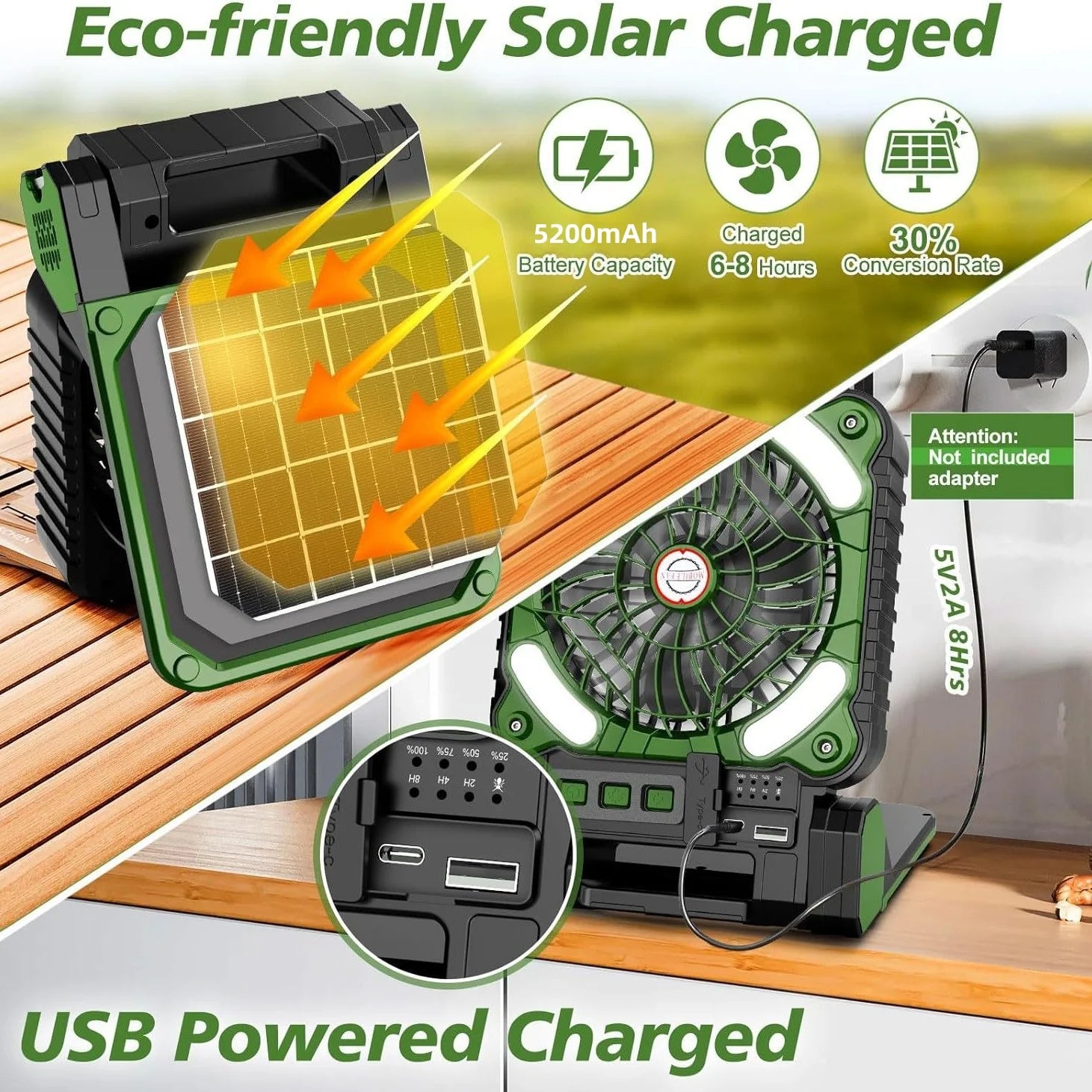Portable Solar-Powered Fan with 7800mAh LED Lantern, Rechargeable Camping Fan, 4 Speed Settings, 90° Folding Design