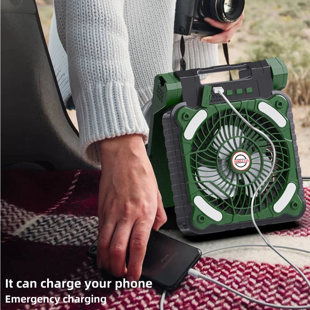 Portable Solar-Powered Fan with 7800mAh LED Lantern, Rechargeable Camping Fan, 4 Speed Settings, 90° Folding Design