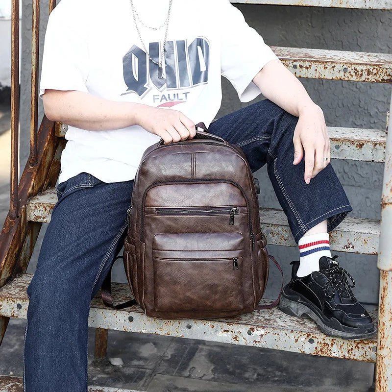 Stylish and Functional PU Leather USB Charging Backpack for Men - Perfect for School, Travel, and Everyday Use