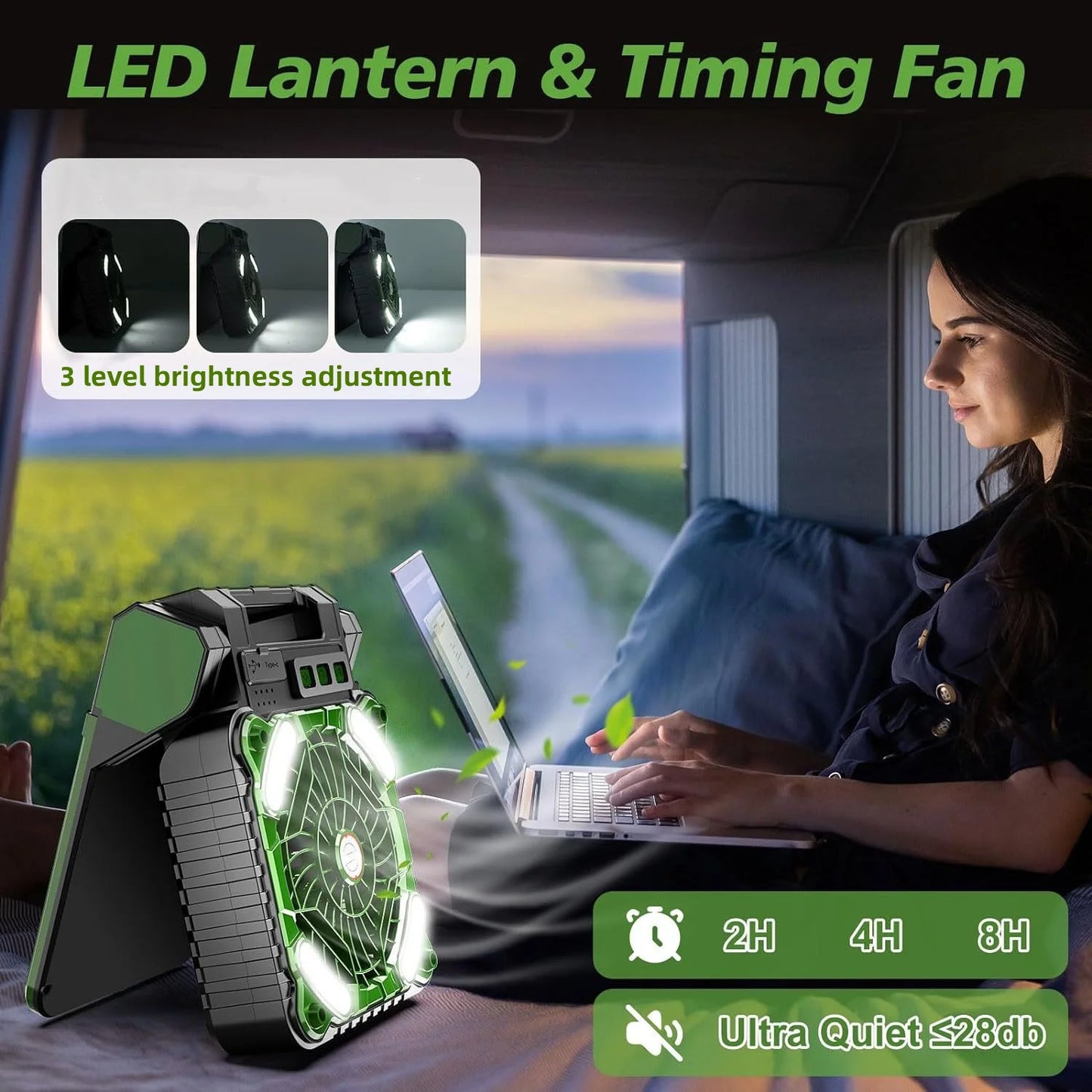 Portable Solar-Powered Fan with 7800mAh LED Lantern, Rechargeable Camping Fan, 4 Speed Settings, 90° Folding Design