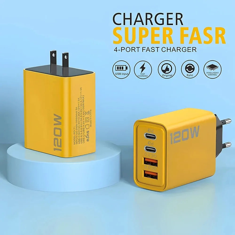 4-Port USB-C PD Quick Charge 3.0 Fast Charging Adapter for iPhone 16/15, Samsung, Xiaomi, and Huawei