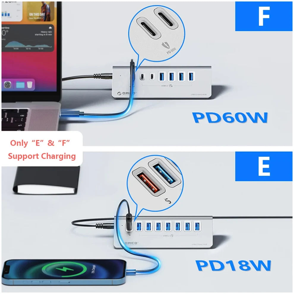 10Gbps USB 3.2 Type-C Docking Station Hub with PD60W Charging Adapter and Multi-Port Switch for PC and Laptop Accessories