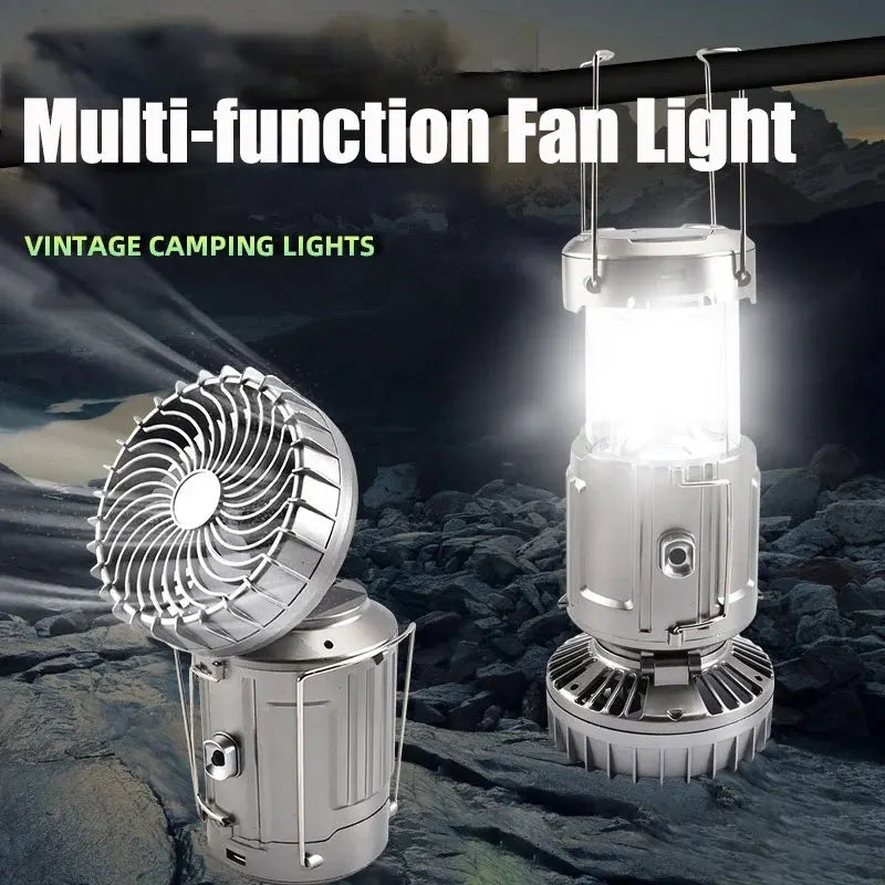 Solar-Powered Portable Camping Lantern with Rechargeable 1500mAh LED Fan for Outdoor Emergency Use