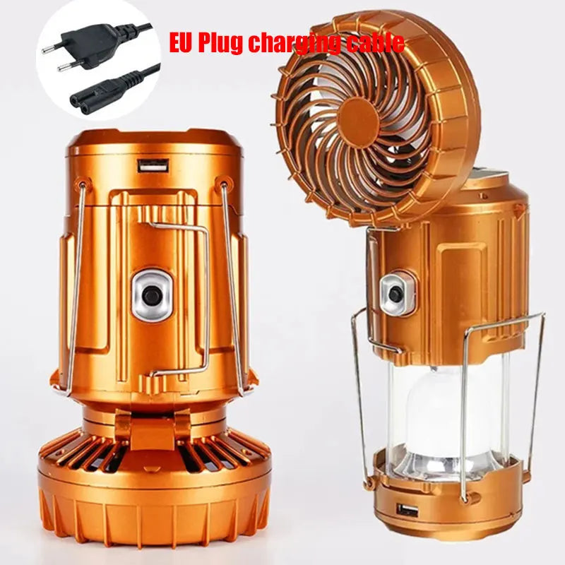 Solar-Powered Portable Camping Lantern with Rechargeable 1500mAh LED Fan for Outdoor Emergency Use