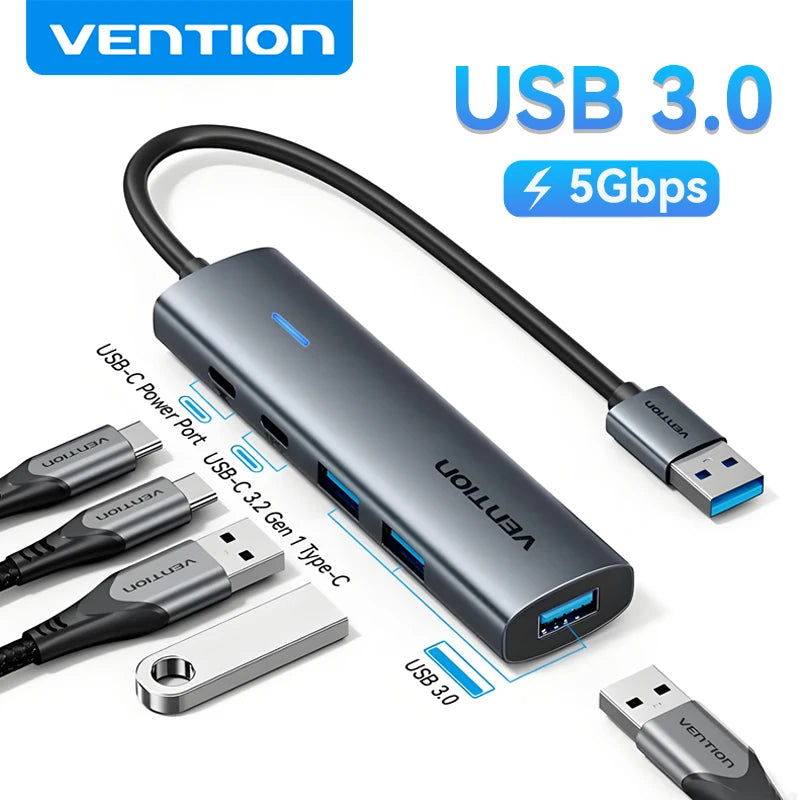 Metal Shell USB 3.0 Hub - USB-C 3.2 Gen 1 Multi-Adapter Splitter for MacBook Air, Dell, Lenovo, and Desktop PCs, 5Gbps Data Transfer