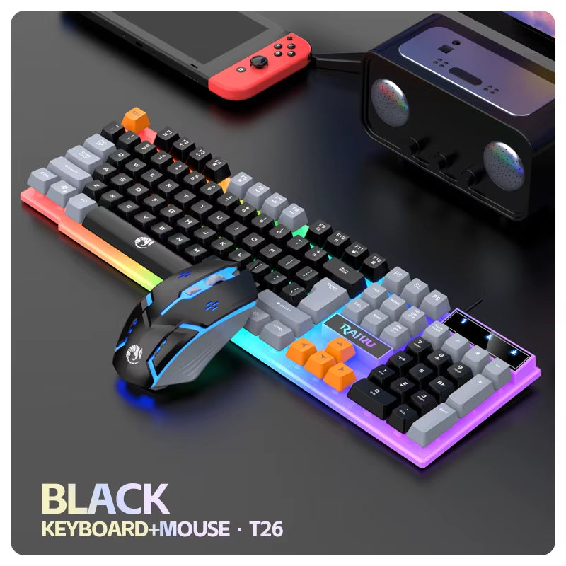 RAIKU T26 Wired Mechanical Gaming Keyboard and Mouse Set with Three-Color Luminous Design