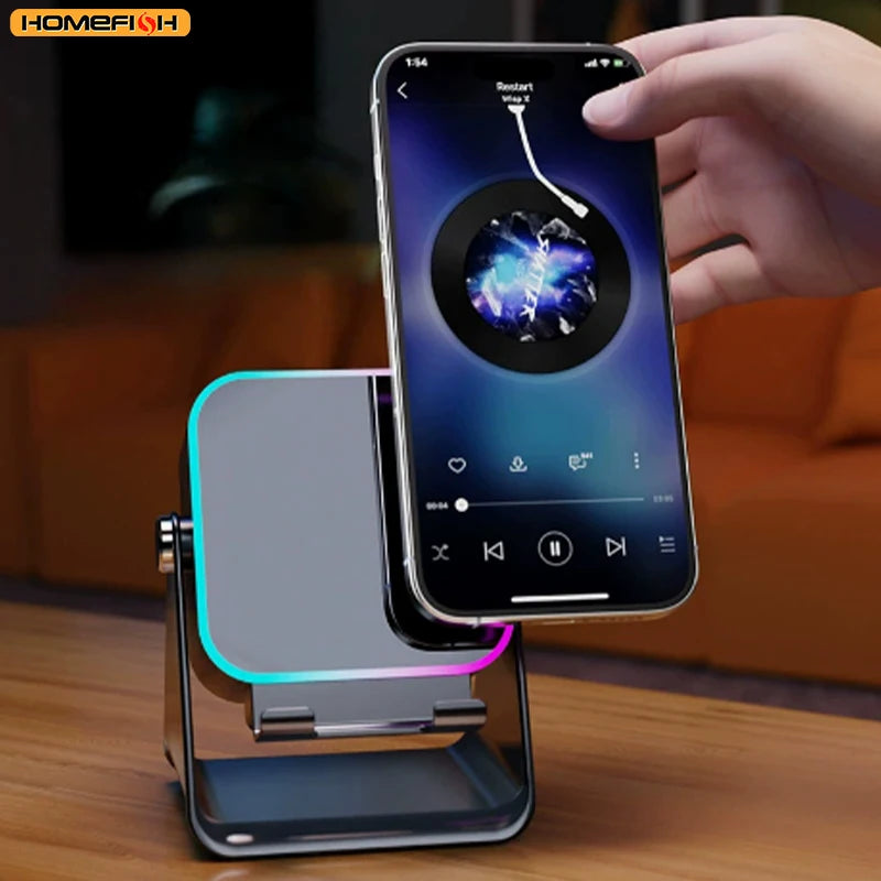 5-in-1 Wireless Induction Speaker with 8-Mode RGB Lighting and Surround Sound - Portable Bluetooth Phone Stand