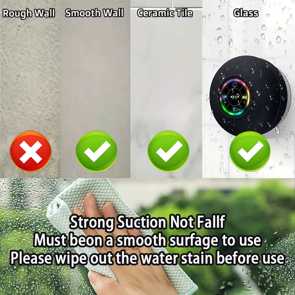 Portable Wireless Bluetooth Speaker with LED Light, IPX4 Waterproof Rating, Outdoor and Bathroom Use, Large Suction Cup, Stereo Sound System