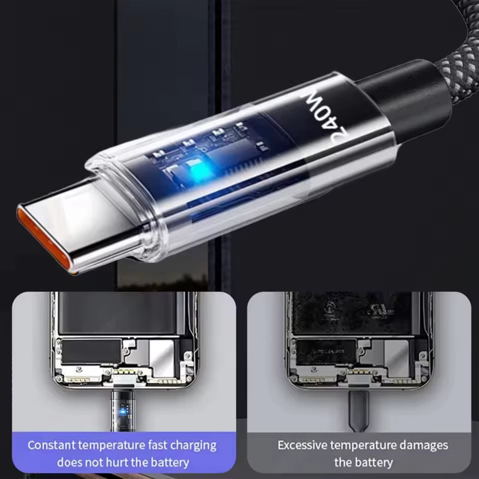 240W Nylon USB Type-C Fast Charging Cable with LED Digital Display for Samsung, Xiaomi, Huawei, and Honor Devices
